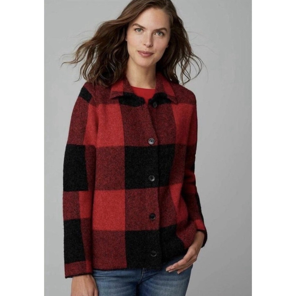 J. Jill Women's Black Red Buffalo Plaid Collared Sweater Shacket Size M $119